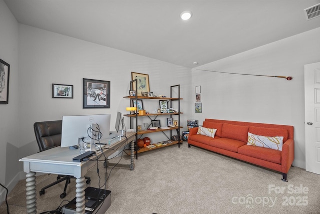 office space with visible vents, recessed lighting, lofted ceiling, and carpet floors