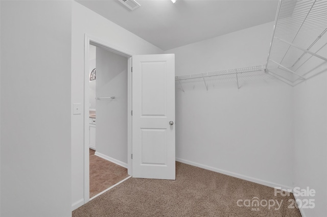 walk in closet with visible vents and carpet flooring