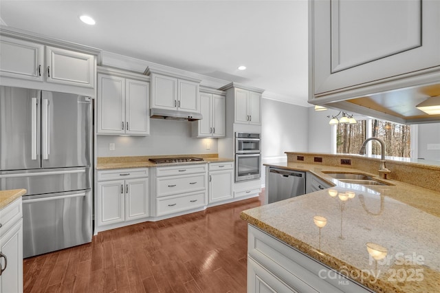 kitchen with appliances with stainless steel finishes, ornamental molding, a sink, wood finished floors, and under cabinet range hood