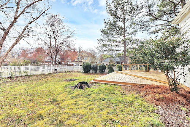 view of yard with a fenced backyard and a wooden deck