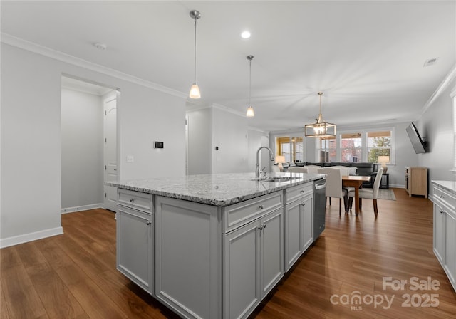 kitchen featuring open floor plan, stainless steel dishwasher, dark wood-type flooring, and a sink