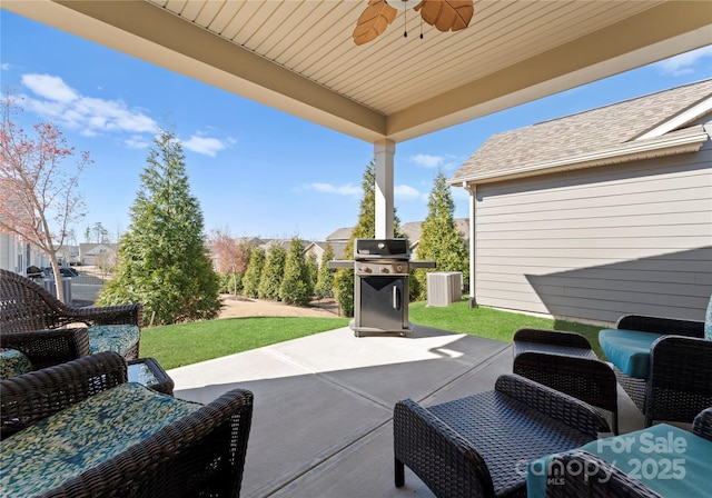 view of patio with outdoor lounge area, grilling area, central AC, and ceiling fan