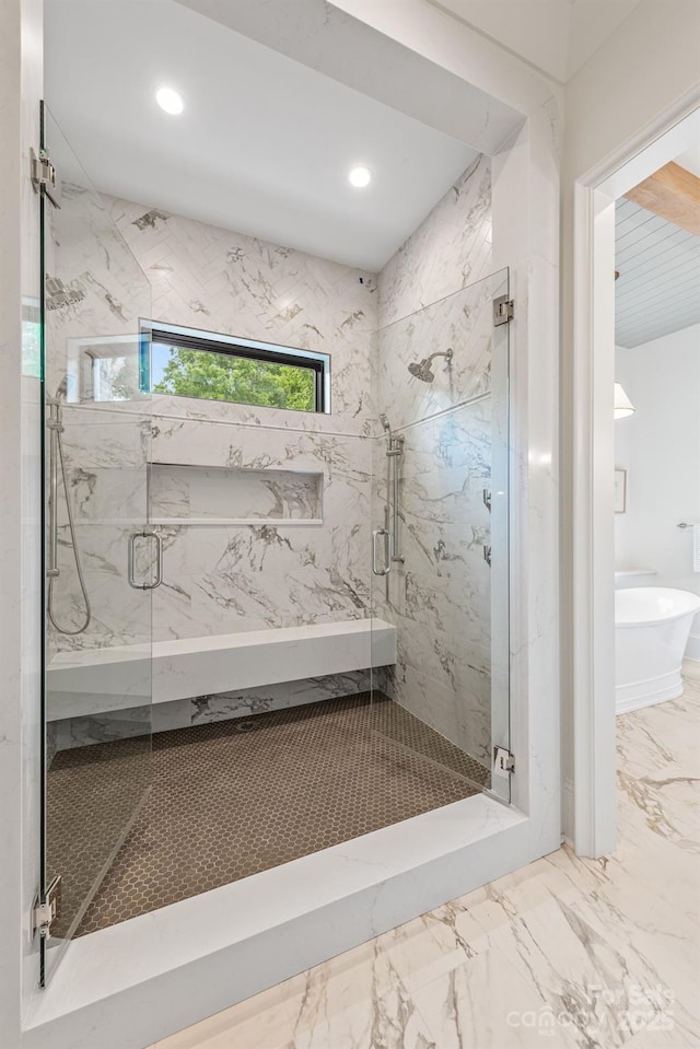 5124 Lansing Dr, Charlotte, NC 28270 - full bathroom featuring a marble finish shower, recessed lighting, and marble finish floors