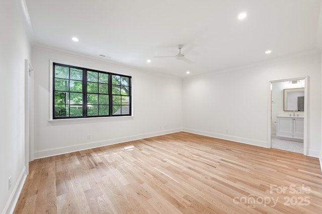 5124 Lansing Dr, Charlotte, NC 28270 - spare room with crown molding, light wood-type flooring, baseboards, recessed lighting, and ceiling fan