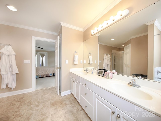 full bathroom with ensuite bathroom, double vanity, ornamental molding, and a sink