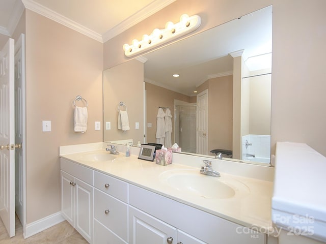 full bathroom with double vanity, crown molding, a sink, and a shower stall