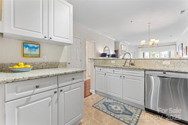 kitchen with an inviting chandelier, ornamental molding, stainless steel dishwasher, a sink, and visible vents