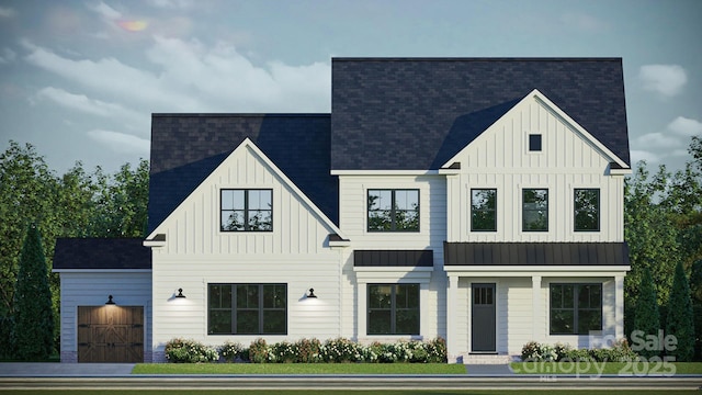 view of front of property with a standing seam roof, metal roof, a shingled roof, and board and batten siding