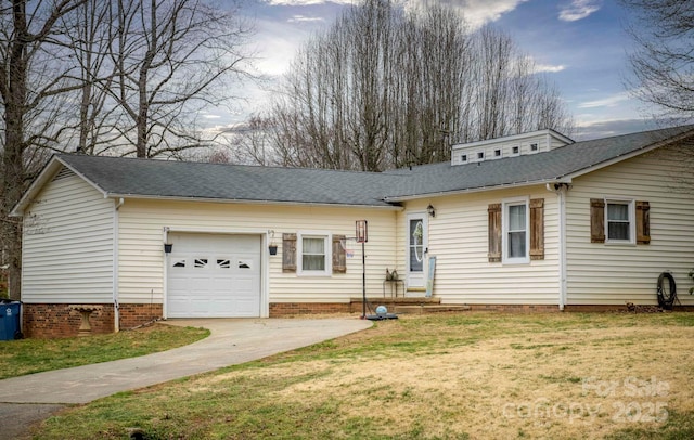 view of front of home featuring a shingled roof, concrete driveway, crawl space, a garage, and a front lawn