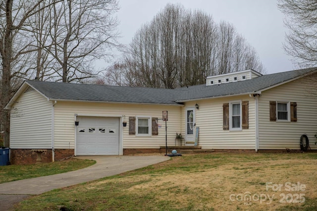 view of front of house featuring driveway, roof with shingles, an attached garage, crawl space, and a front yard