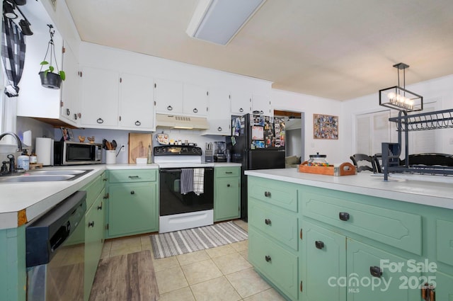 kitchen featuring white cabinets, electric stove, dishwasher, stainless steel microwave, and under cabinet range hood