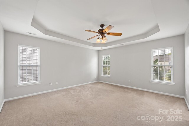 spare room featuring a raised ceiling, baseboards, healthy amount of natural light, and light colored carpet