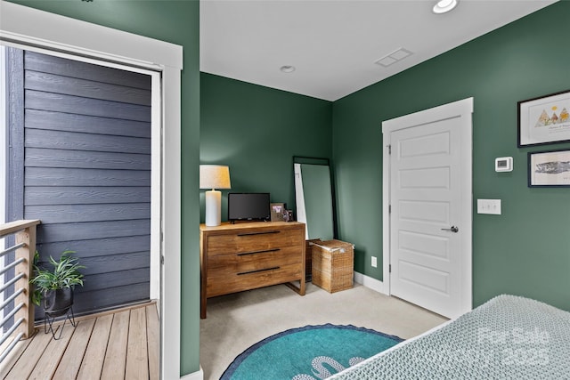 bedroom featuring recessed lighting, visible vents, baseboards, and carpet