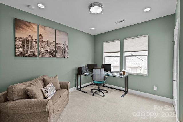 carpeted office with recessed lighting, visible vents, and baseboards