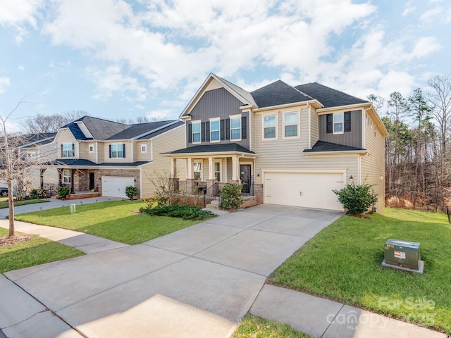 craftsman-style home featuring concrete driveway, covered porch, an attached garage, board and batten siding, and a front lawn