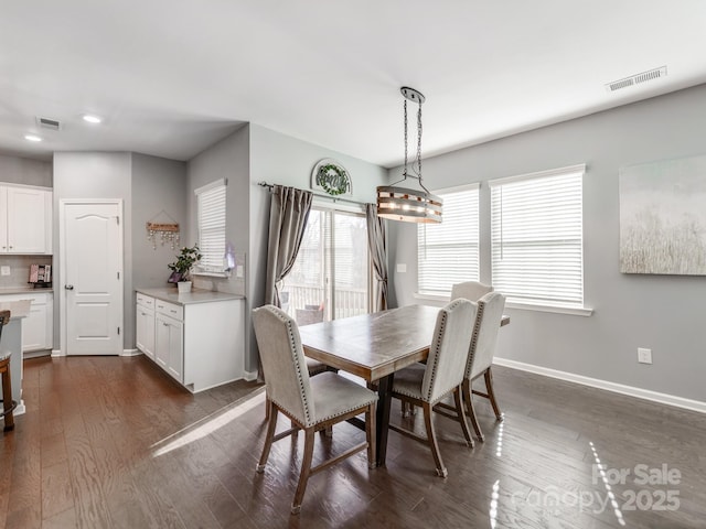 dining space featuring dark wood-style flooring, recessed lighting, visible vents, and baseboards