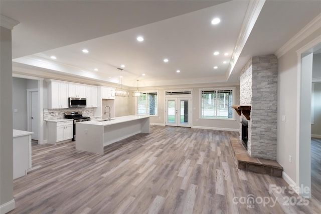 kitchen featuring open floor plan, appliances with stainless steel finishes, a sink, and a raised ceiling