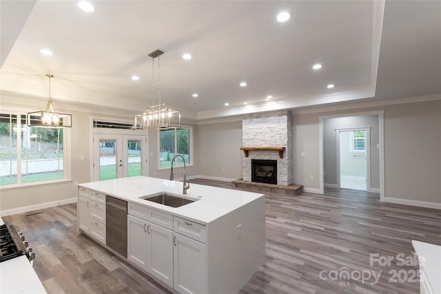 kitchen featuring plenty of natural light, a tray ceiling, a sink, and french doors