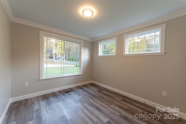 spare room featuring baseboards, dark wood-type flooring, and crown molding