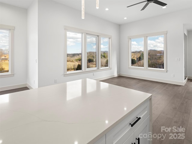 kitchen with baseboards, white cabinets, wood finished floors, and recessed lighting