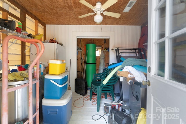 storage featuring visible vents and a ceiling fan