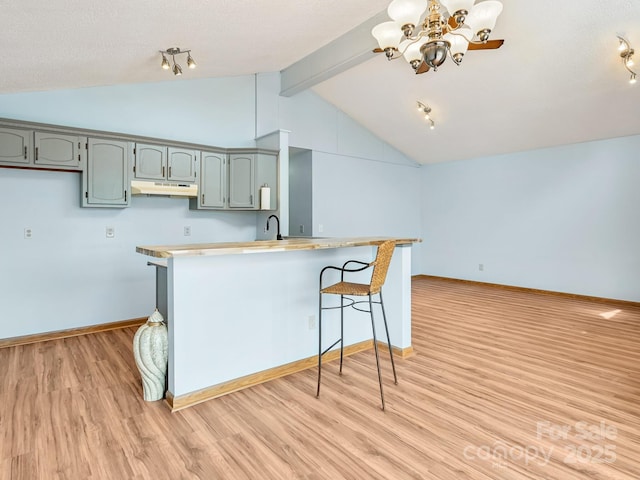 kitchen featuring light wood-style flooring, vaulted ceiling with beams, light countertops, under cabinet range hood, and a kitchen breakfast bar