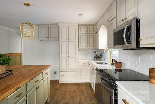 kitchen featuring dark wood-style flooring, stainless steel microwave, electric range, a sink, and wood counters