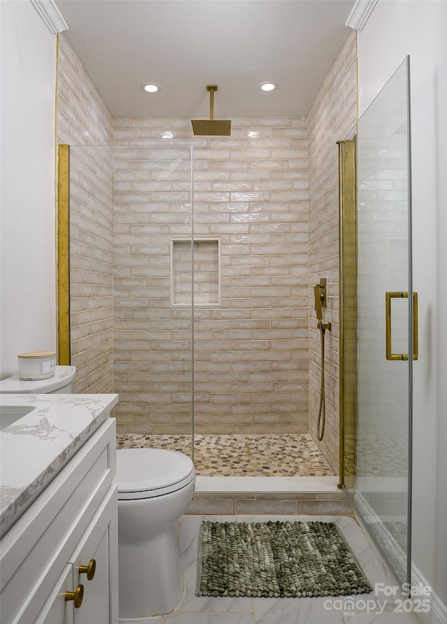 full bathroom with toilet, marble finish floor, vanity, a shower stall, and recessed lighting