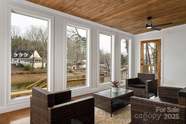 sunroom featuring ceiling fan and wood ceiling