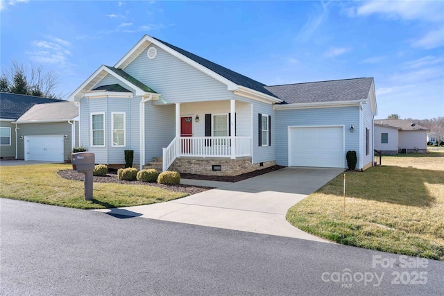 view of front of house with a garage, a front lawn, a porch, and concrete driveway