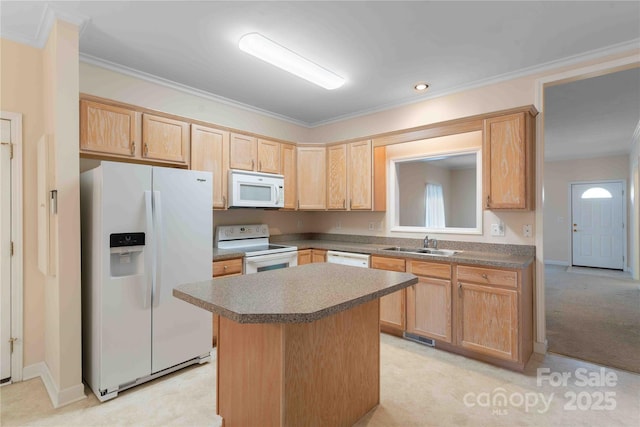 357 Beechnut Dr, Hendersonville, NC 28739 - kitchen featuring white appliances, light brown cabinets, a kitchen island, and a sink