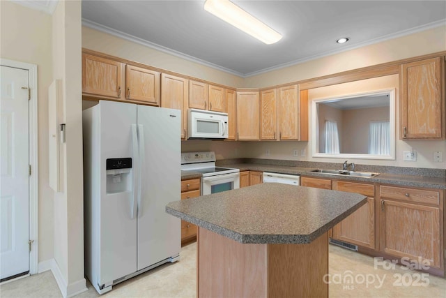 357 Beechnut Dr, Hendersonville, NC 28739 - kitchen with white appliances, a kitchen island, a sink, ornamental molding, and dark countertops