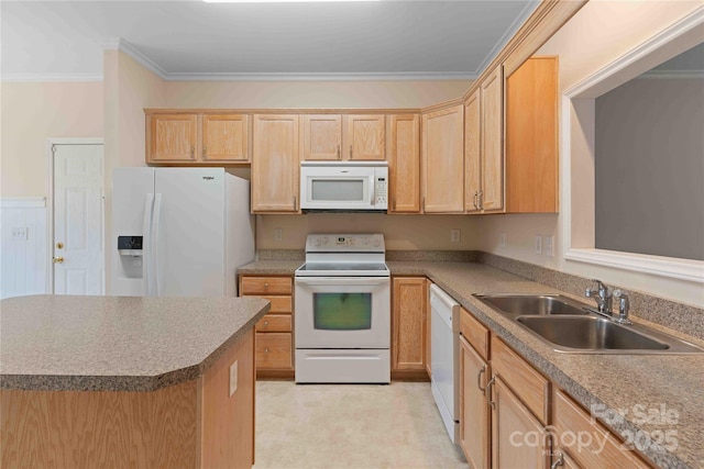 357 Beechnut Dr, Hendersonville, NC 28739 - kitchen featuring crown molding, white appliances, a sink, and light brown cabinetry