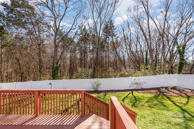 wooden terrace with a yard and a fenced backyard