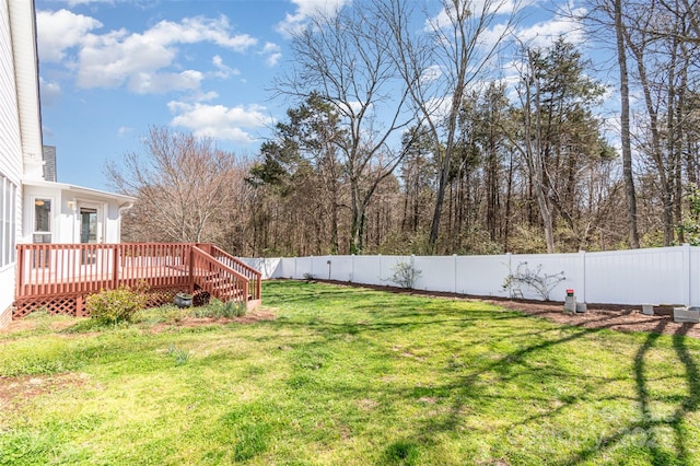 view of yard with a fenced backyard and a wooden deck