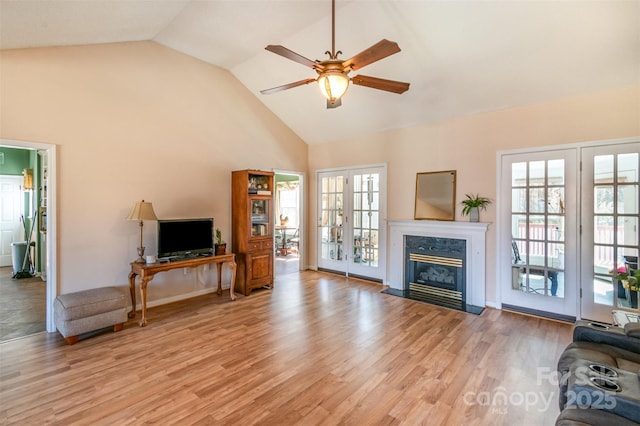 living room featuring a fireplace, a healthy amount of sunlight, light wood-type flooring, and french doors