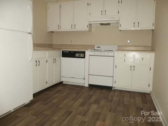 kitchen featuring under cabinet range hood, white appliances, dark wood-type flooring, white cabinetry, and light countertops