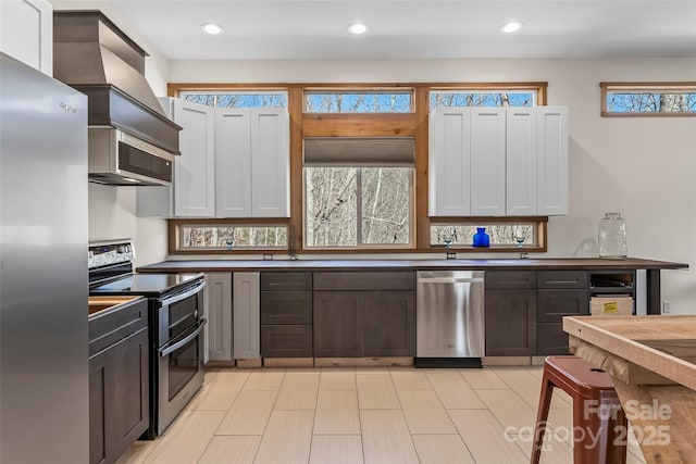 kitchen featuring dark countertops, recessed lighting, a wealth of natural light, and stainless steel appliances