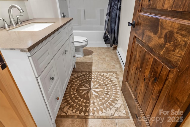 bathroom featuring vanity, shower / bath combo with shower curtain, tile patterned floors, toilet, and baseboard heating