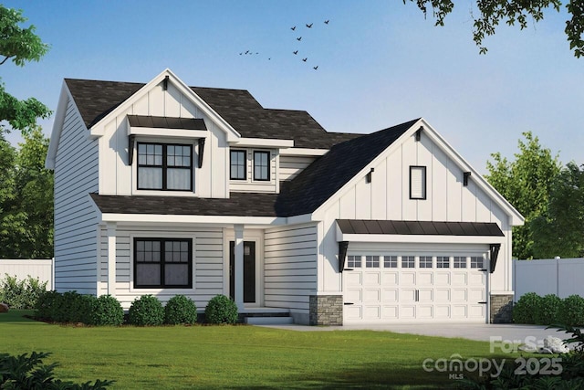 modern farmhouse featuring roof with shingles, board and batten siding, a front yard, fence, and driveway