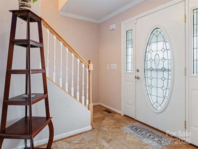 foyer with stairs, visible vents, baseboards, and crown molding