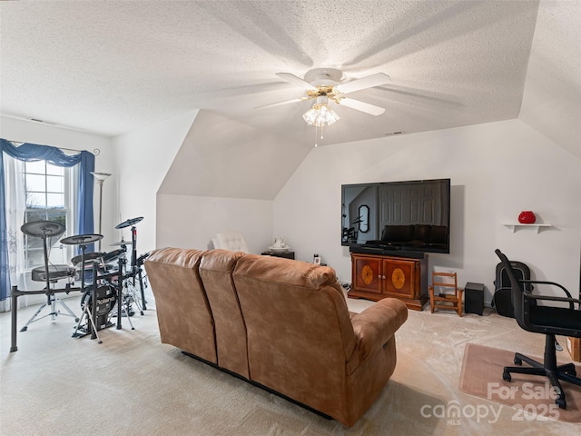 living area with light carpet, a textured ceiling, lofted ceiling, and a ceiling fan