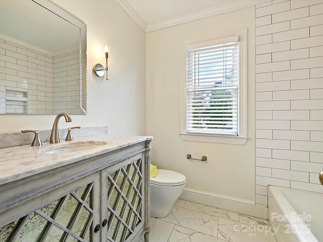 full bathroom featuring baseboards, toilet, ornamental molding, marble finish floor, and vanity