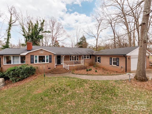 ranch-style house featuring brick siding, a chimney, a porch, a front yard, and crawl space