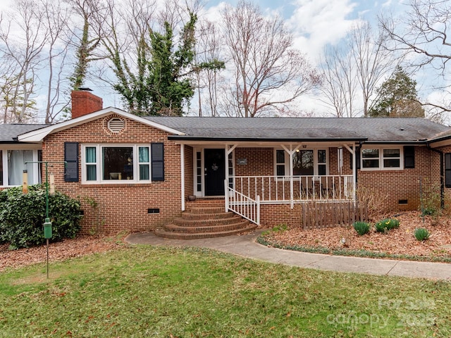 single story home with a chimney, brick siding, crawl space, and a porch