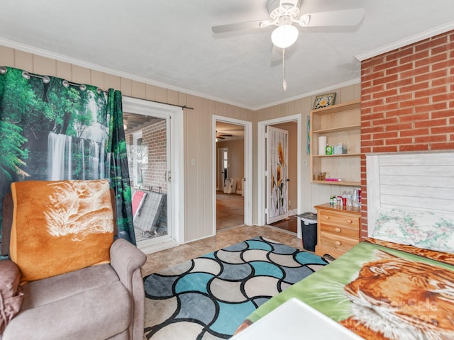 bedroom with access to exterior, ornamental molding, and a ceiling fan