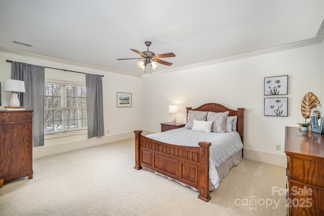 bedroom with visible vents, baseboards, light colored carpet, and ornamental molding