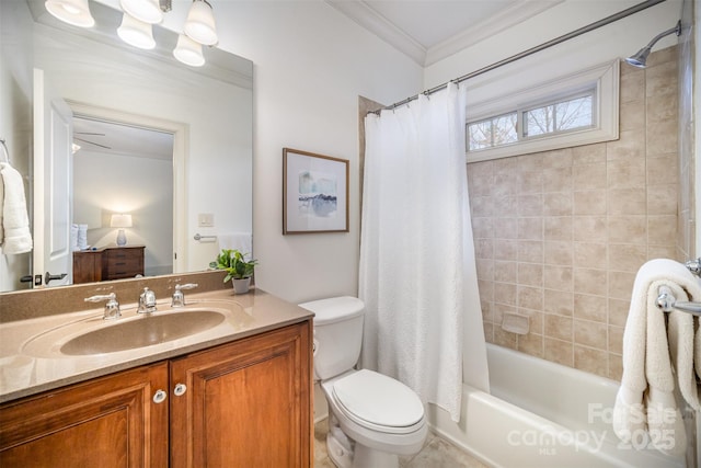 bathroom with shower / bathtub combination with curtain, toilet, vanity, and ornamental molding