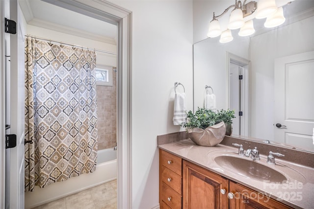 bathroom featuring a notable chandelier, shower / bath combination with curtain, vanity, and ornamental molding