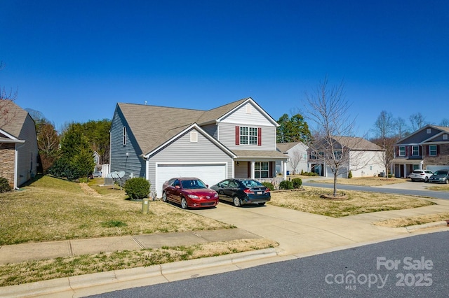 traditional home with a garage, a front lawn, and concrete driveway